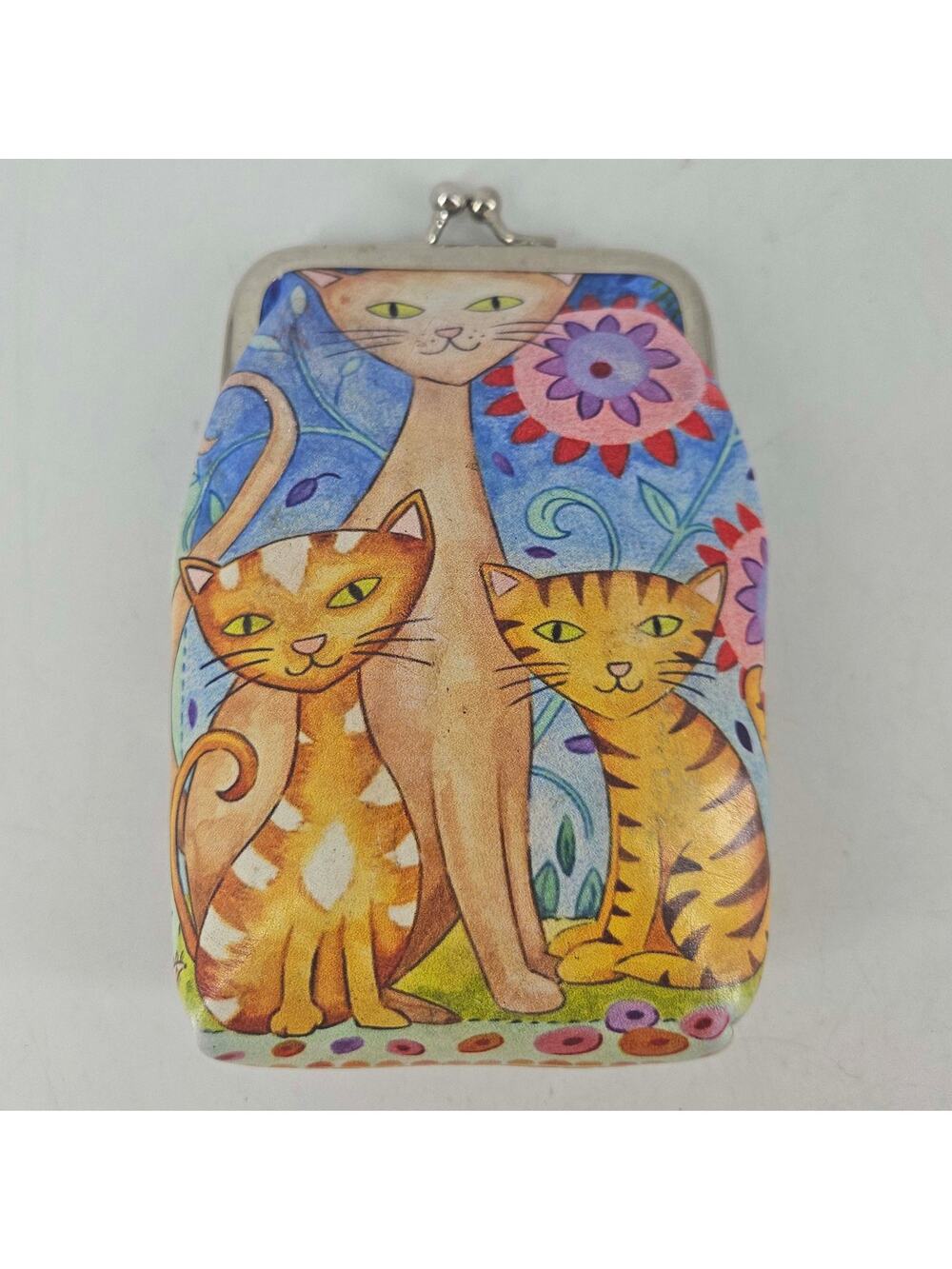 Laurel Burch style cat design kiss lock closure coin purse accessory pouch
